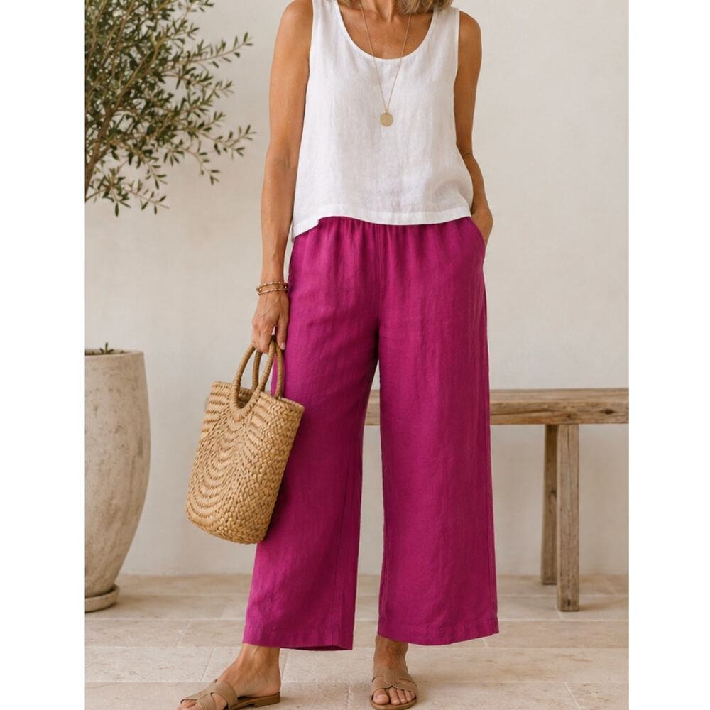 Eileen Fisher Organic Linen Wide Leg Pants PM Petite Fuchsia Pink Pull On NWT
